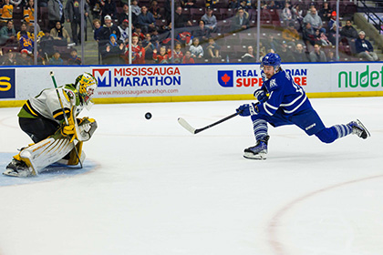 A hockey player on a breakaway